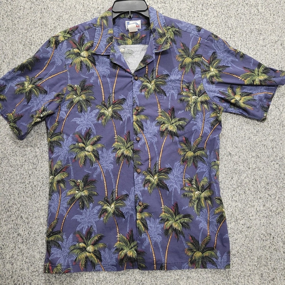 Vintage Hawaii Aloha Shirt Mens XL Blue Palm Tree Cotton Button Down Made in USA